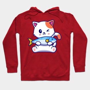 Cute Cat Holding Fish Cartoon Hoodie